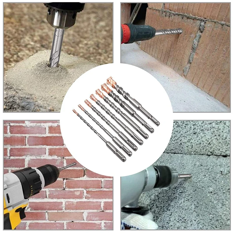 7 Pcs 4 Flute SDS Plus Hammer Drill Bit Set 5 6 8 10 12 14 16 18mm 160 200mm For Concrete Brick Block Stone Masonry And Granite