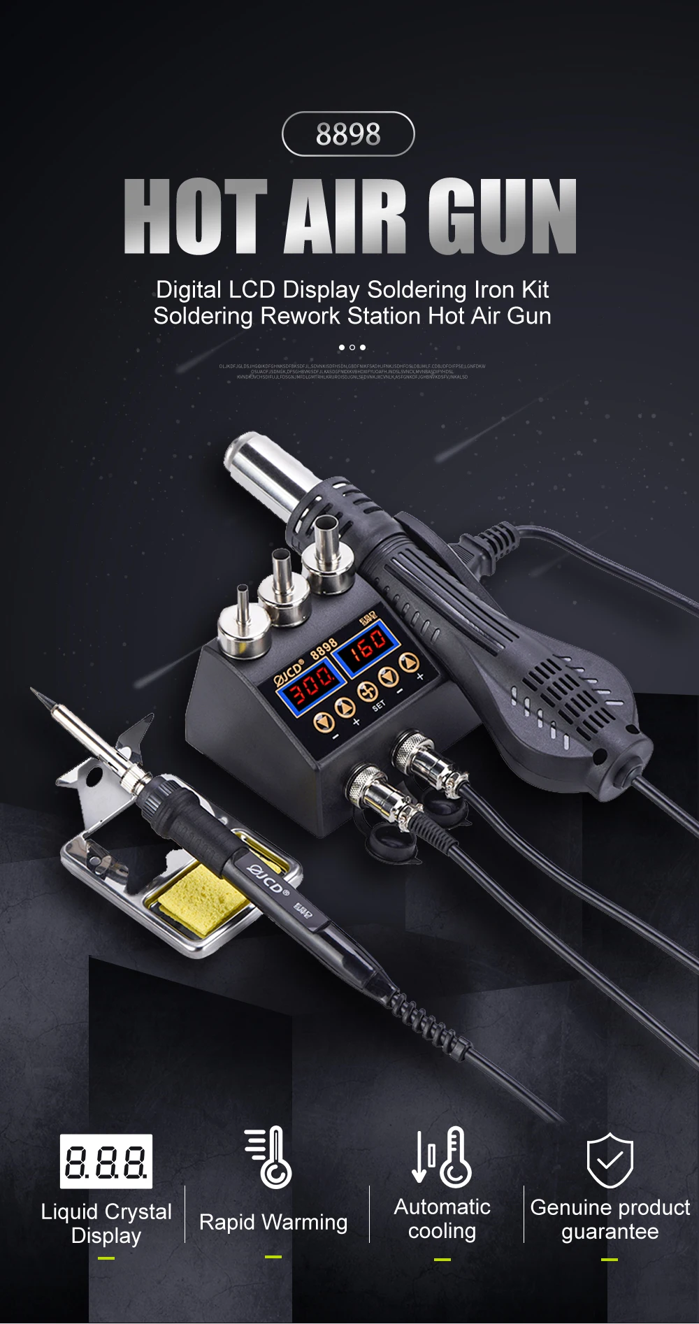2 in 1 750W Hot Air Gun LCD Digital Display Welding Rework Station for Cell-phone BGA SMD IC Repair Soldering Iron Station 8898