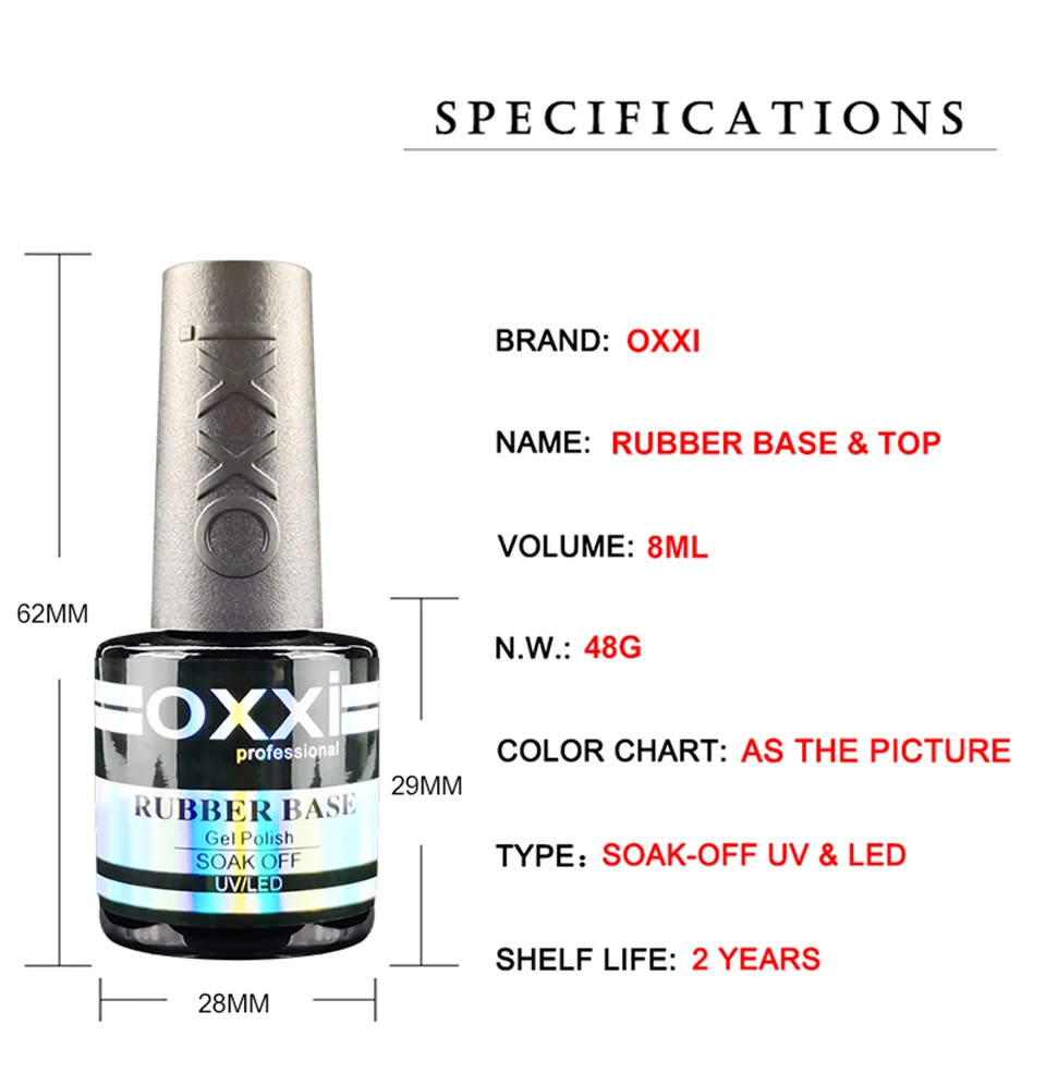 OXXI Semi-permanent Rubber Base for Gel Varnish 8ml Thick Base and Top Coat for Gel Polish Manicure Permanent Enamel Hybrid Nail