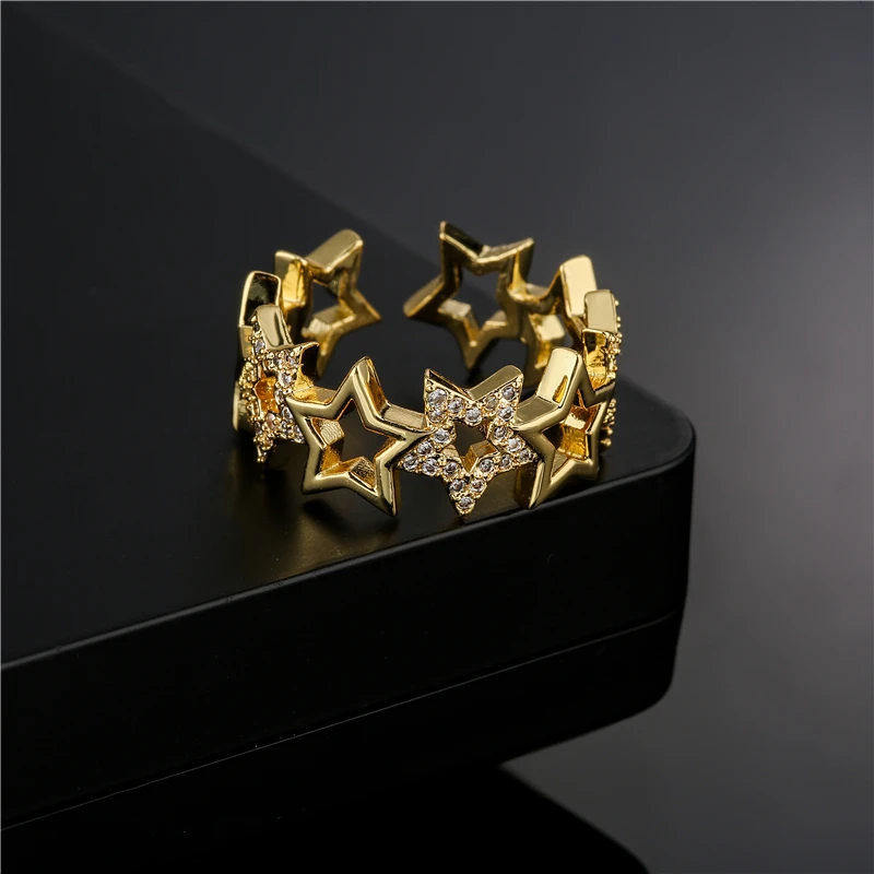 2026 New Fashion Hollow Design Star Charm Ring For Women Girl Gold Color Copper Party Ring Femme Bijoux Dropshipping