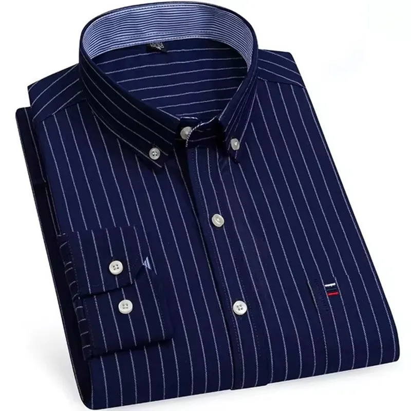 Men's Versatile Casual Checkered Oxford Cotton Shirts Single Pocket Long Sleeve Standard-fit Button Down Gingham Striped 7XL 6XL