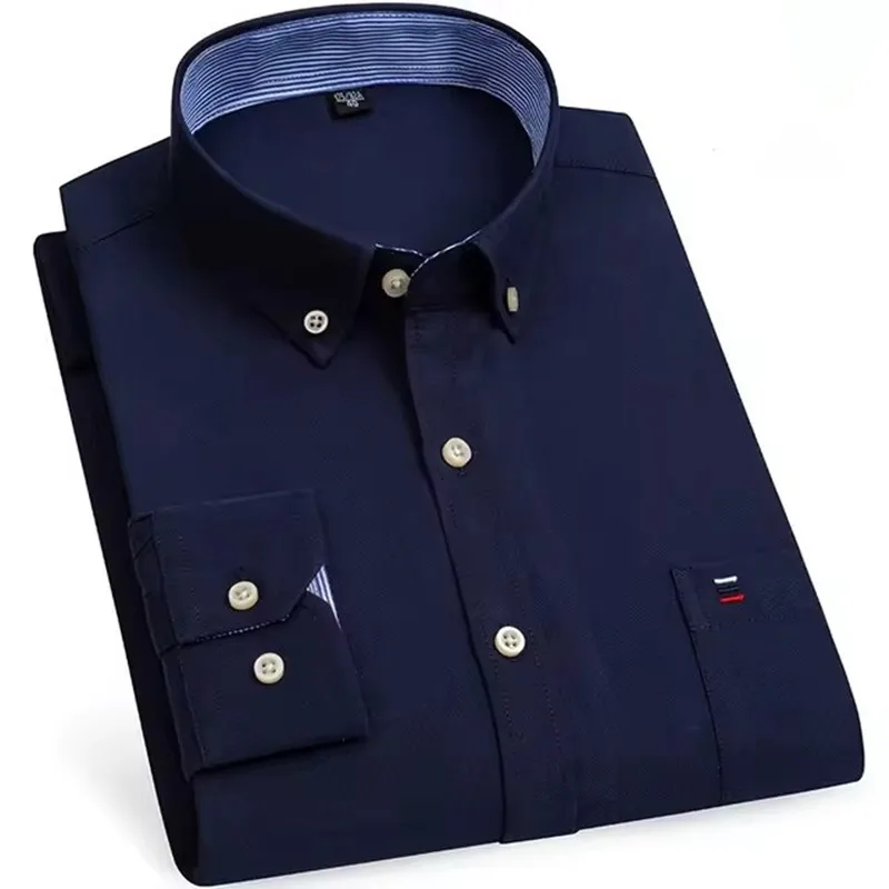 Men's Versatile Casual Checkered Oxford Cotton Shirts Single Pocket Long Sleeve Standard-fit Button Down Gingham Striped 7XL 6XL