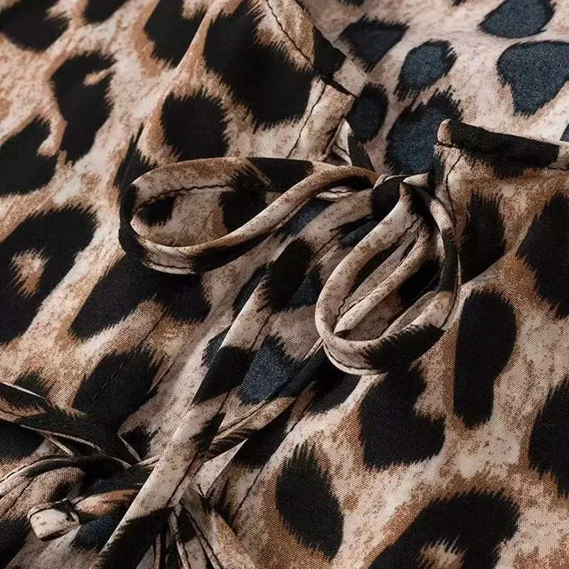 MUJER Leopard Print Crop Top Women Puff Sleeve Ruffle Blouses Woman 2025 Summer Shirts and Blouses for Women Ruched Ladies Tops