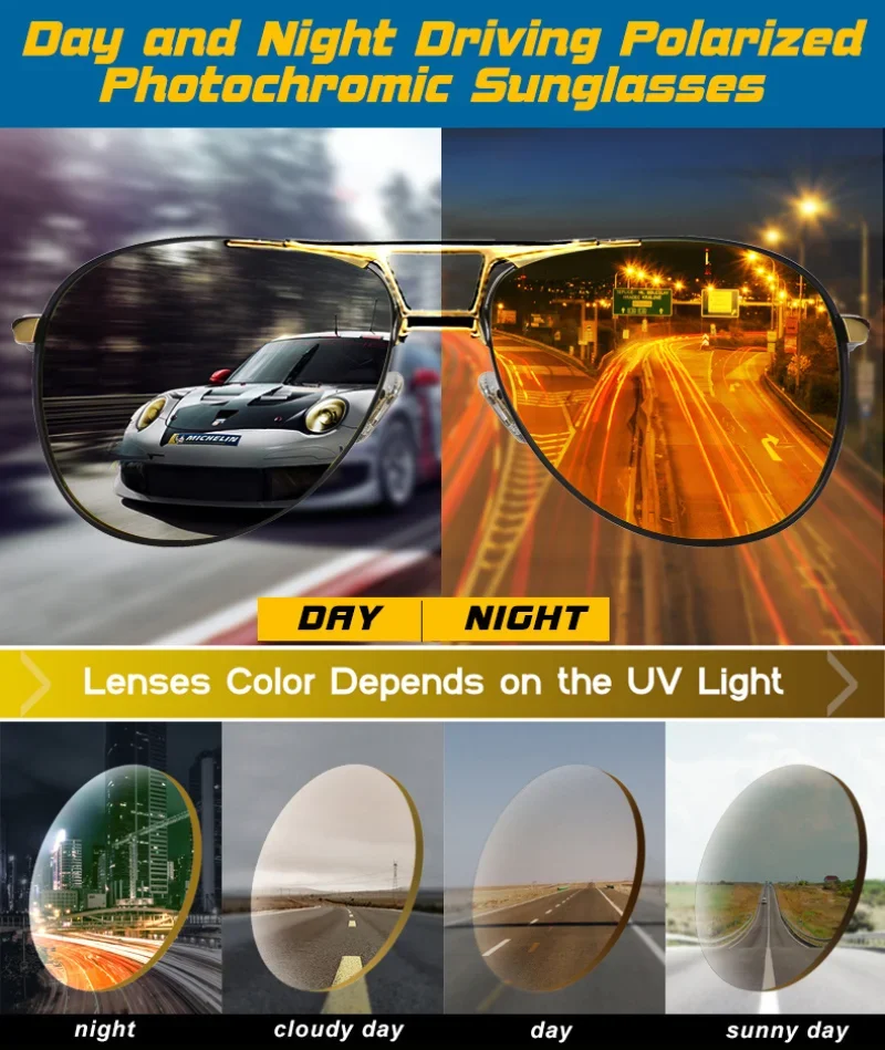 Men Driving Chameleon Sun Glasses for Day and Night Dual-use Male Color Change Lens Vision Polarized Photochromic Sunglasses