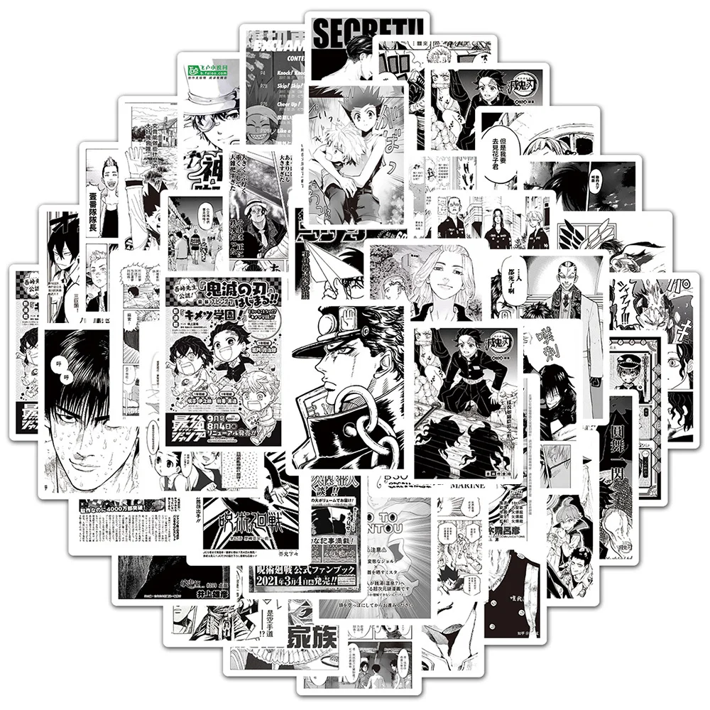 10/30/50/100pcs Classic Mixed Black White Anime Poster Stickers Cool Manga Graffiti Decals Decoration Laptop Diary Phone Sticker
