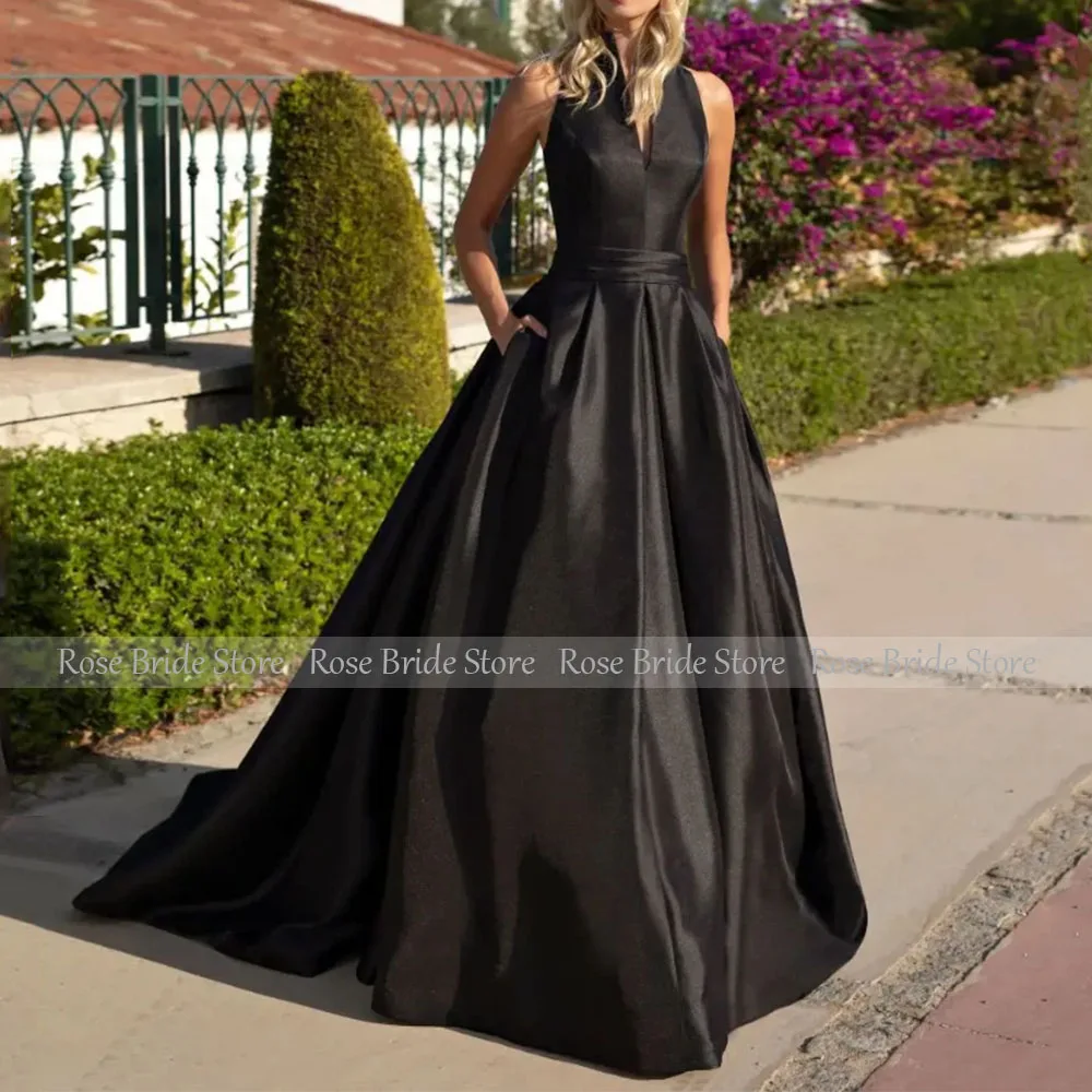 Simple Formal Party Dresses Black Satin Button Ruched A-line Long Evening Dress V Neck Sleeveless Elegant Women's Prom Gown 2024