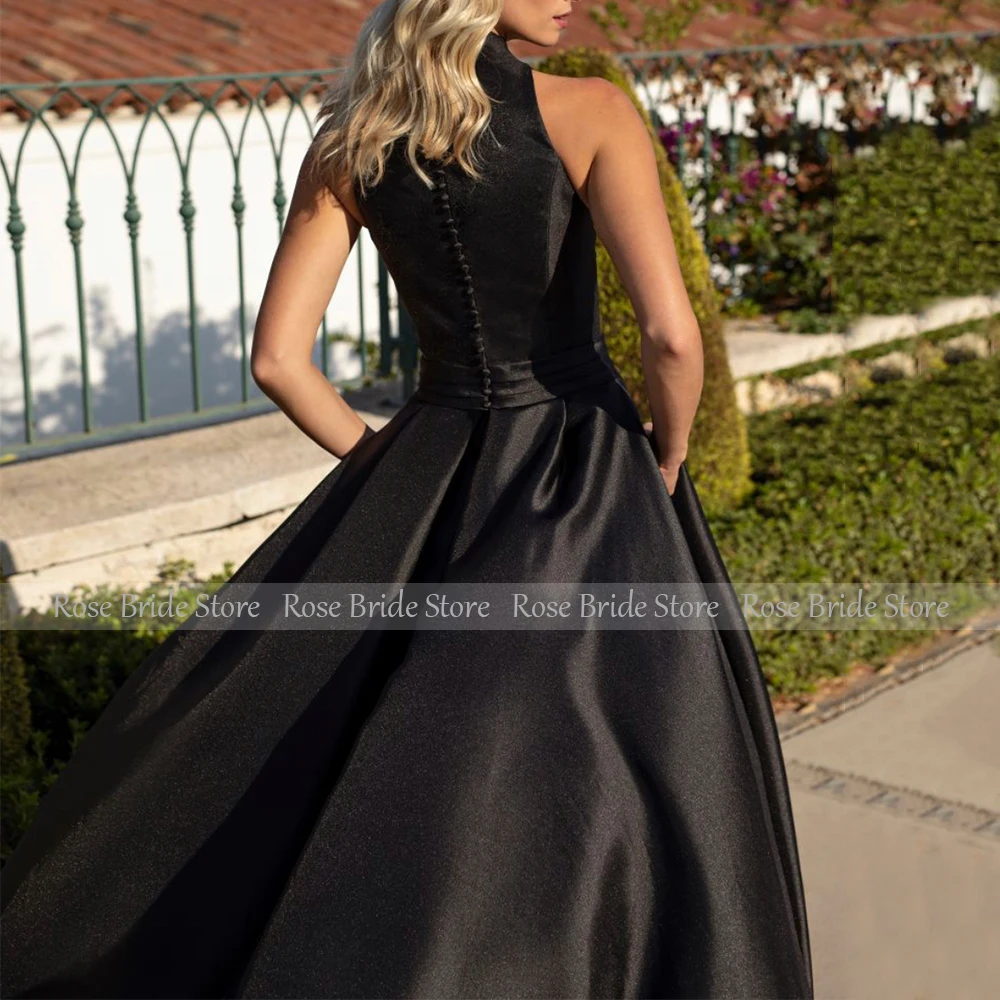 Simple Formal Party Dresses Black Satin Button Ruched A-line Long Evening Dress V Neck Sleeveless Elegant Women's Prom Gown 2024