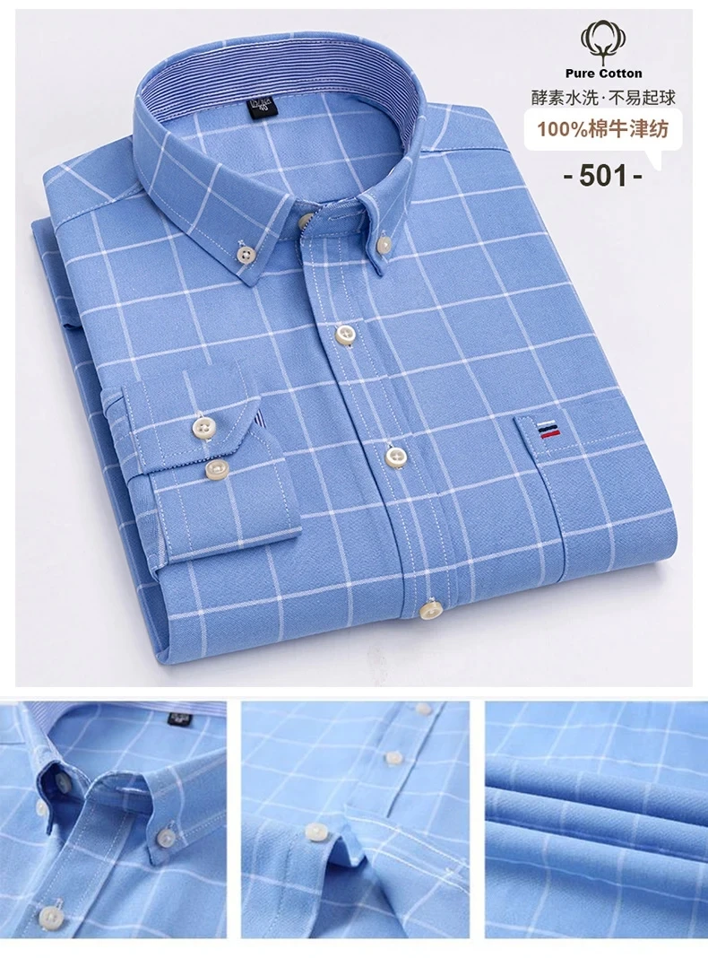 New 100% Cotton Oxford Men Shirts Long Sleeves Plaid Soft Regular Fit Formal Dress Shirt Pocket Social Blouse Male Clothes S-7XL