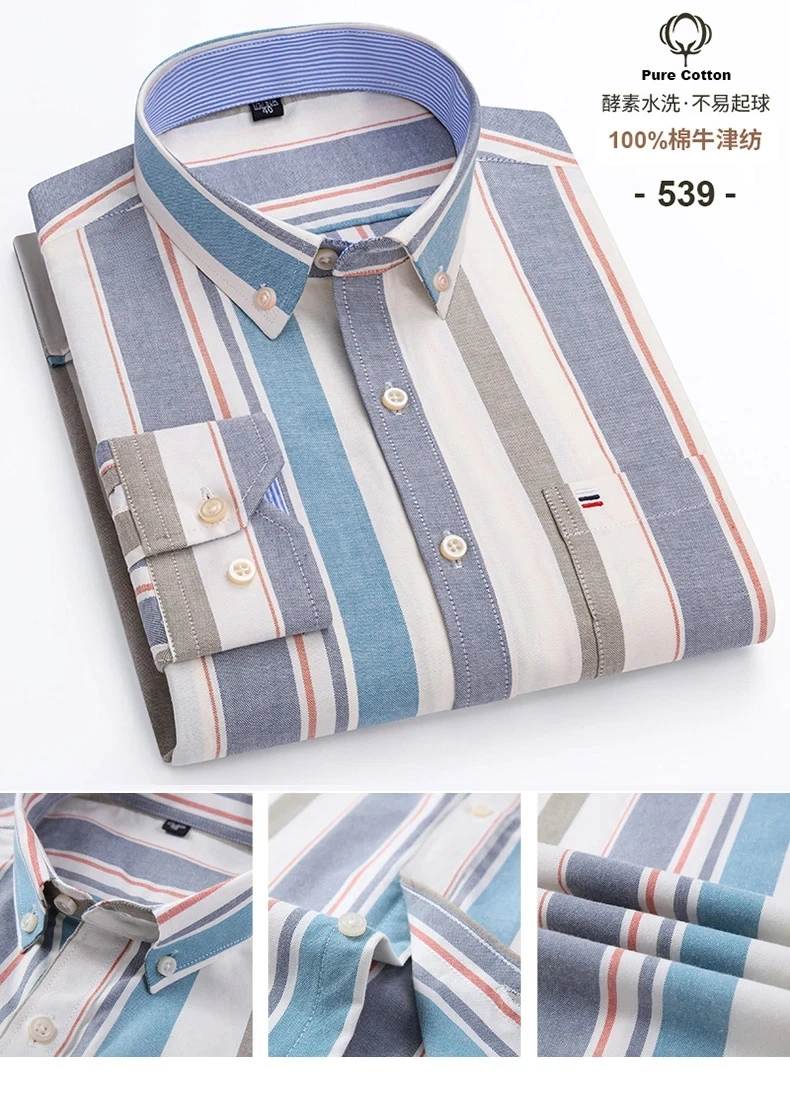 New 100% Cotton Oxford Men Shirts Long Sleeves Plaid Soft Regular Fit Formal Dress Shirt Pocket Social Blouse Male Clothes S-7XL