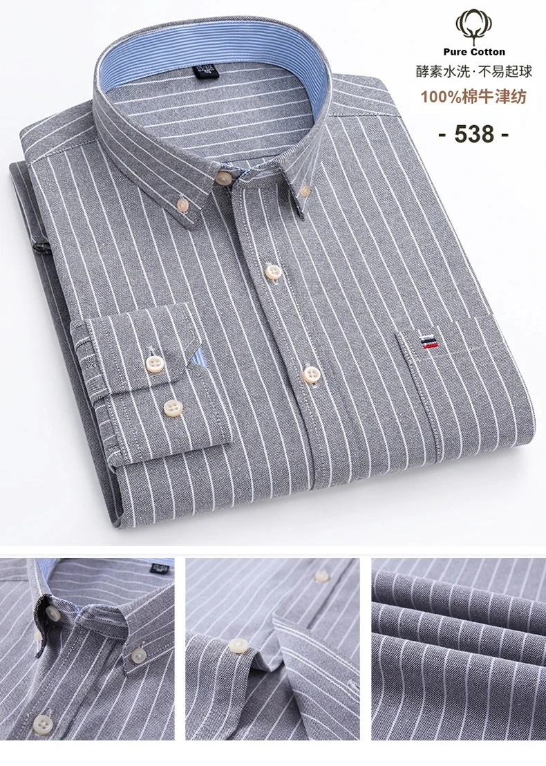 New 100% Cotton Oxford Men Shirts Long Sleeves Plaid Soft Regular Fit Formal Dress Shirt Pocket Social Blouse Male Clothes S-7XL
