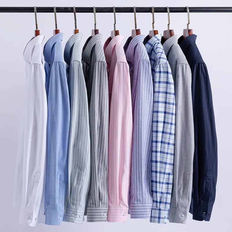New 100% Cotton Oxford Men Shirts Long Sleeves Plaid Soft Regular Fit Formal Dress Shirt Pocket Social Blouse Male Clothes S-7XL