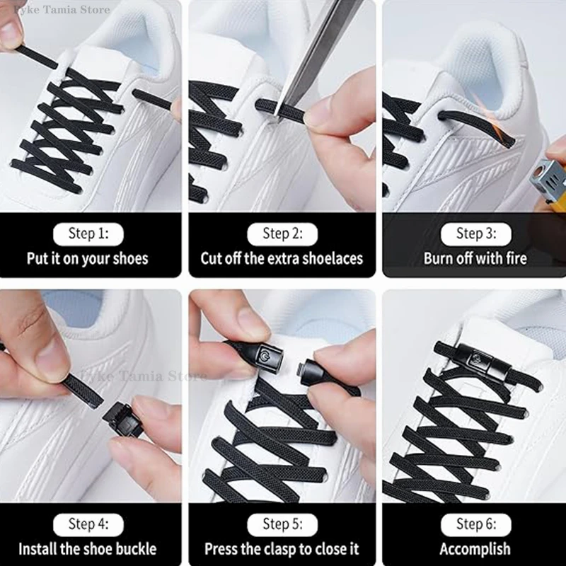 8mm No Tie Shoe Laces Metal Press Lock Shoelaces Without Ties Elastic Laces Sneaker Kids Adult Widened Flat Shoelace for Shoes