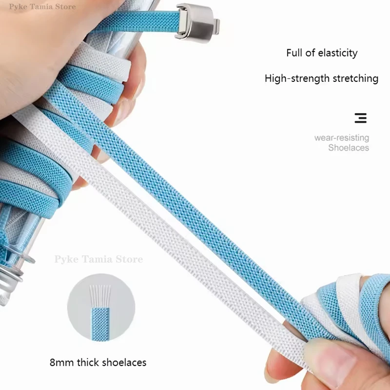 8mm No Tie Shoe Laces Metal Press Lock Shoelaces Without Ties Elastic Laces Sneaker Kids Adult Widened Flat Shoelace for Shoes