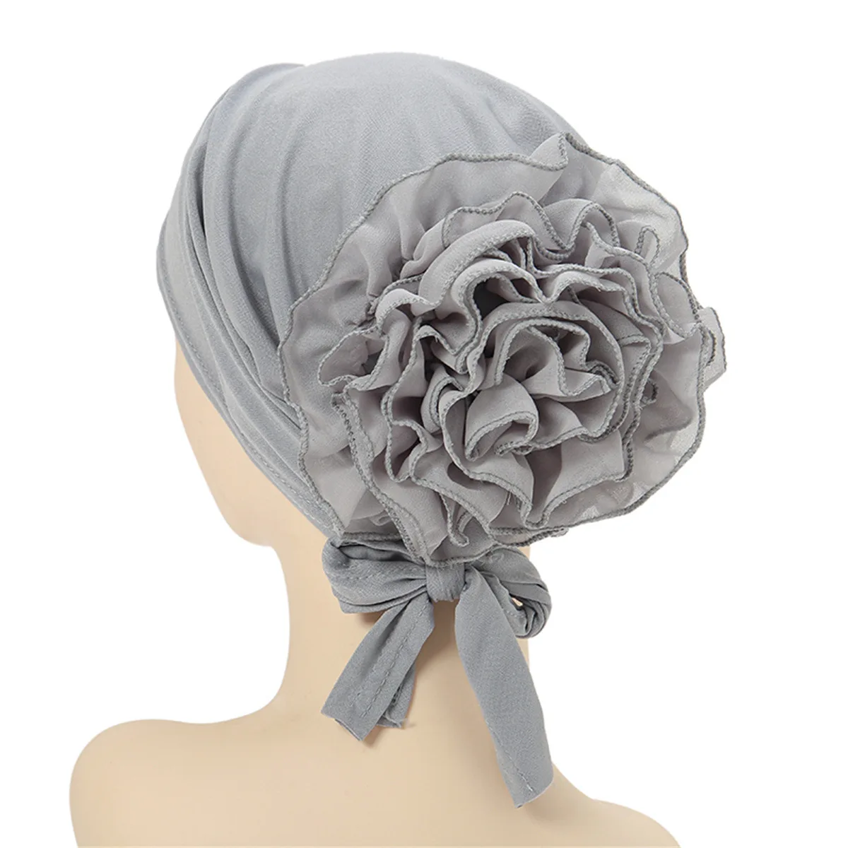 Fashionable Women's Hijabs Solid Color Hijab Turban Caps Chiffon Flower Decor Headwear Islamic Head Wrap Head Scarf Cap