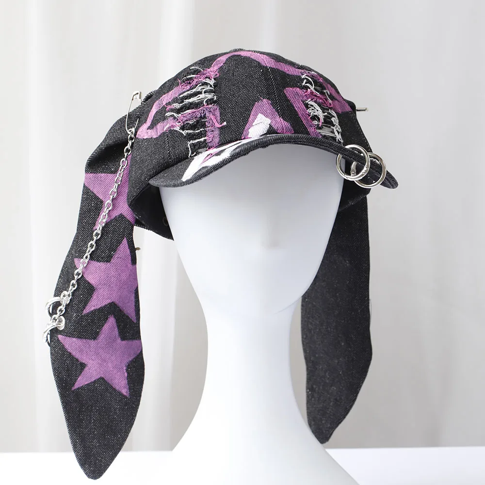 2024 Y2KHot Girl Graffiti Jeans Long Rabbit Ears Cowboy Baseball Hat Wash COOL Hip Hop Cap Women Men Party Team Baseball Cap