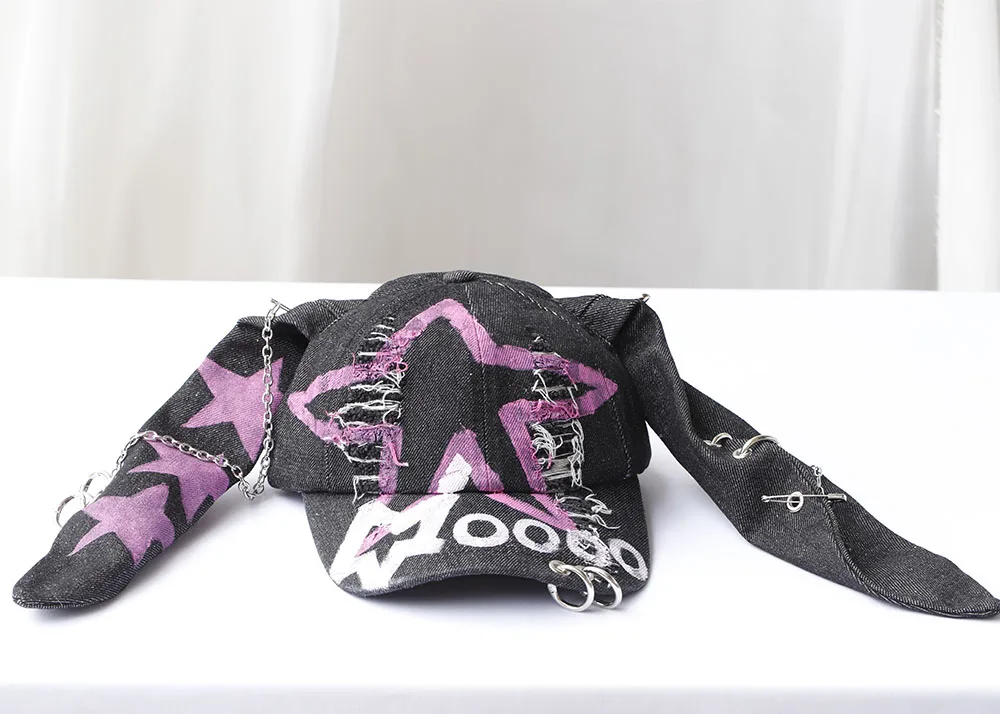 2024 Y2KHot Girl Graffiti Jeans Long Rabbit Ears Cowboy Baseball Hat Wash COOL Hip Hop Cap Women Men Party Team Baseball Cap