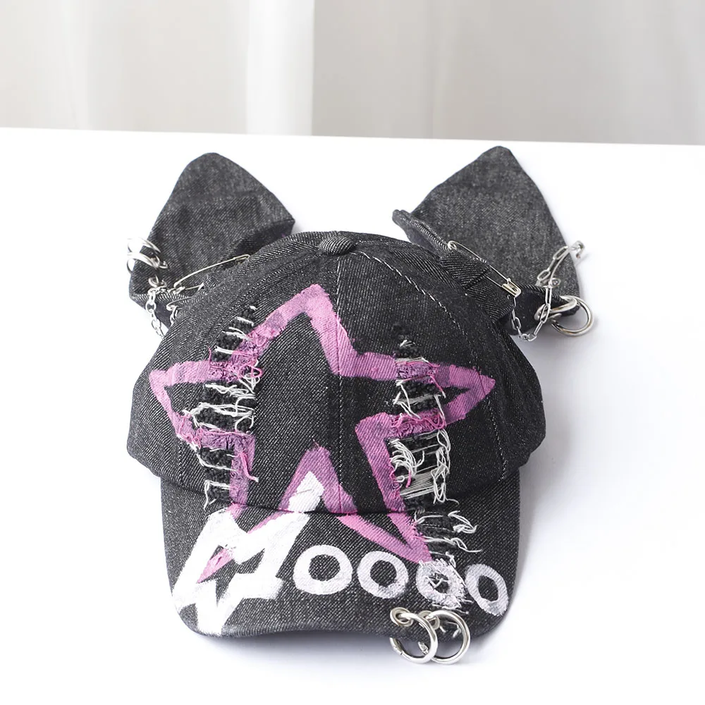 2024 Y2KHot Girl Graffiti Jeans Long Rabbit Ears Cowboy Baseball Hat Wash COOL Hip Hop Cap Women Men Party Team Baseball Cap