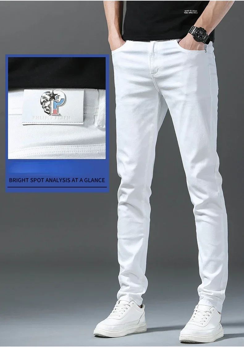 2026 Spring New Men Slim Jeans 98% Cotton White Stretch Straight Casual Fashion Pencil Pants High Quality Trousers Male Clothes
