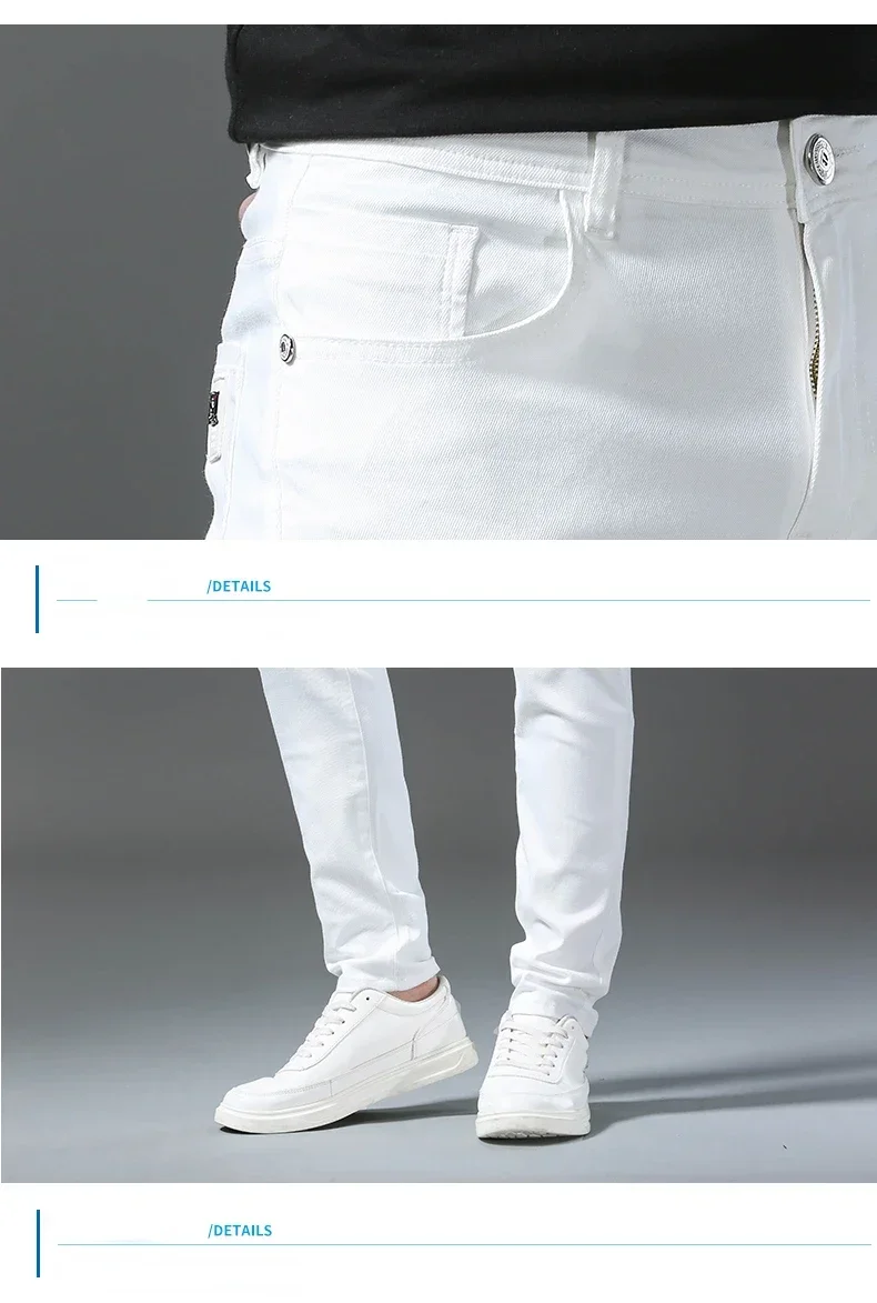 2026 Spring New Men Slim Jeans 98% Cotton White Stretch Straight Casual Fashion Pencil Pants High Quality Trousers Male Clothes