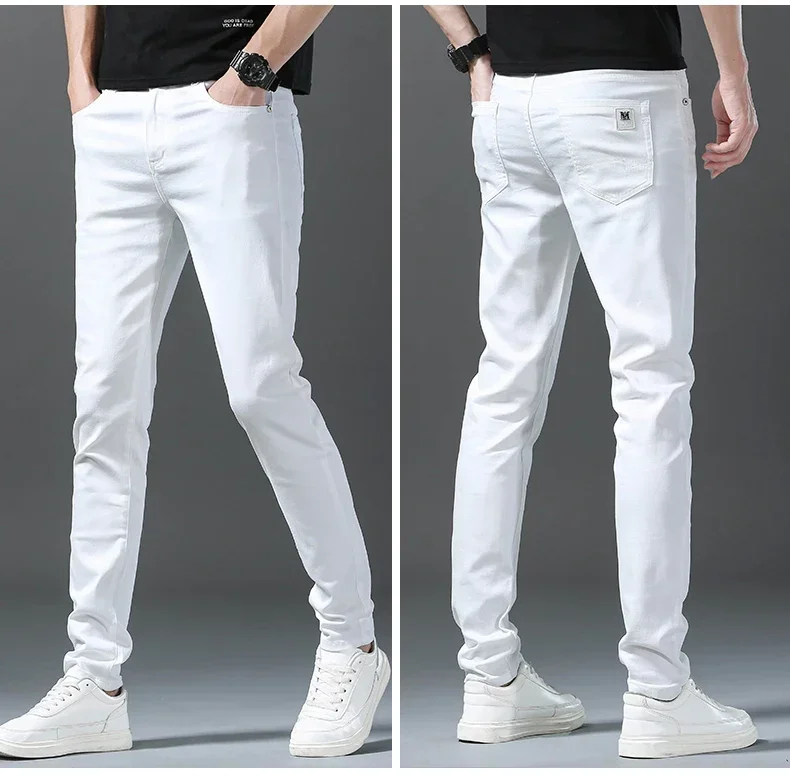 2026 Spring New Men Slim Jeans 98% Cotton White Stretch Straight Casual Fashion Pencil Pants High Quality Trousers Male Clothes