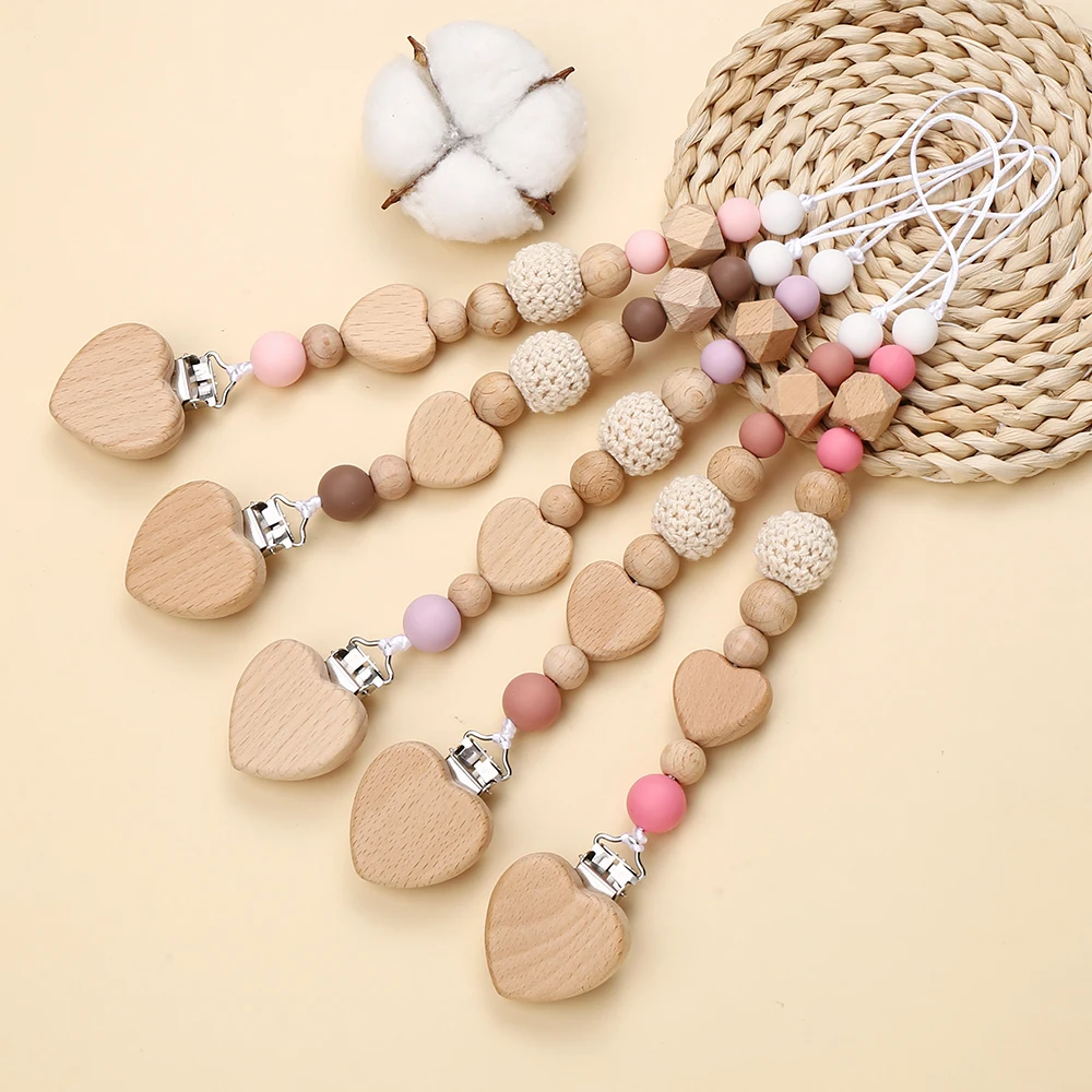 New Heart Baby Anti-Drop Chain Pacifier Clips Silicone Beads Infant Nipple Appease Soother Chain Clips Dummy Holder Nipple Clip