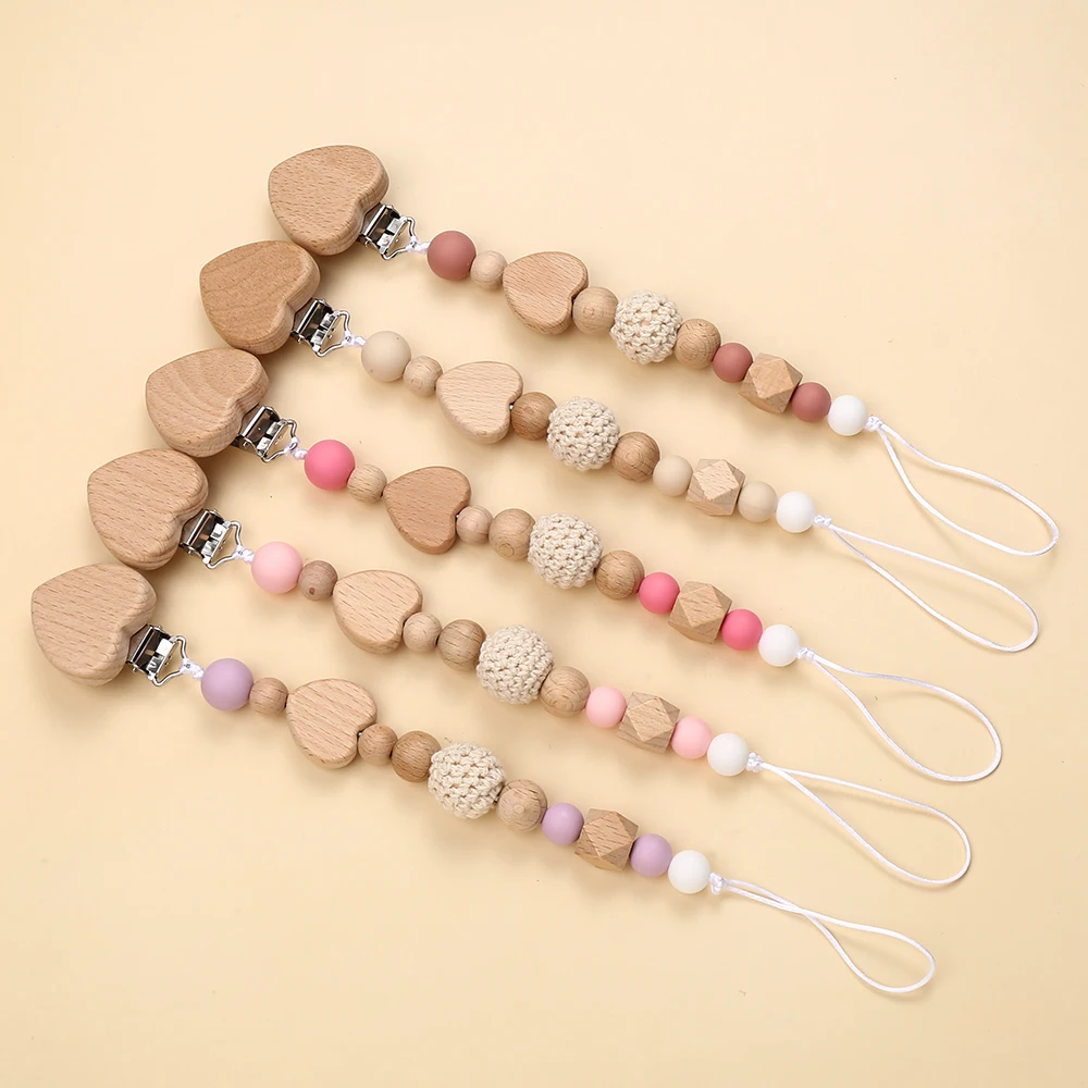 New Heart Baby Anti-Drop Chain Pacifier Clips Silicone Beads Infant Nipple Appease Soother Chain Clips Dummy Holder Nipple Clip