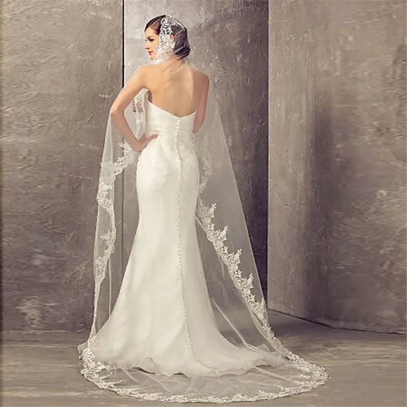Long Luxury Wedding Veil Without Comb Lace Edge White Ivory Bridal Voile Marriage Cathedral Length Wedding Accessories New