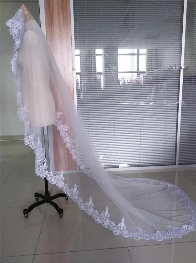 Long Luxury Wedding Veil Without Comb Lace Edge White Ivory Bridal Voile Marriage Cathedral Length Wedding Accessories New