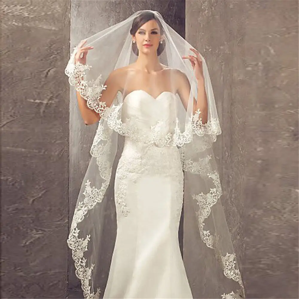 Long Luxury Wedding Veil Without Comb Lace Edge White Ivory Bridal Voile Marriage Cathedral Length Wedding Accessories New