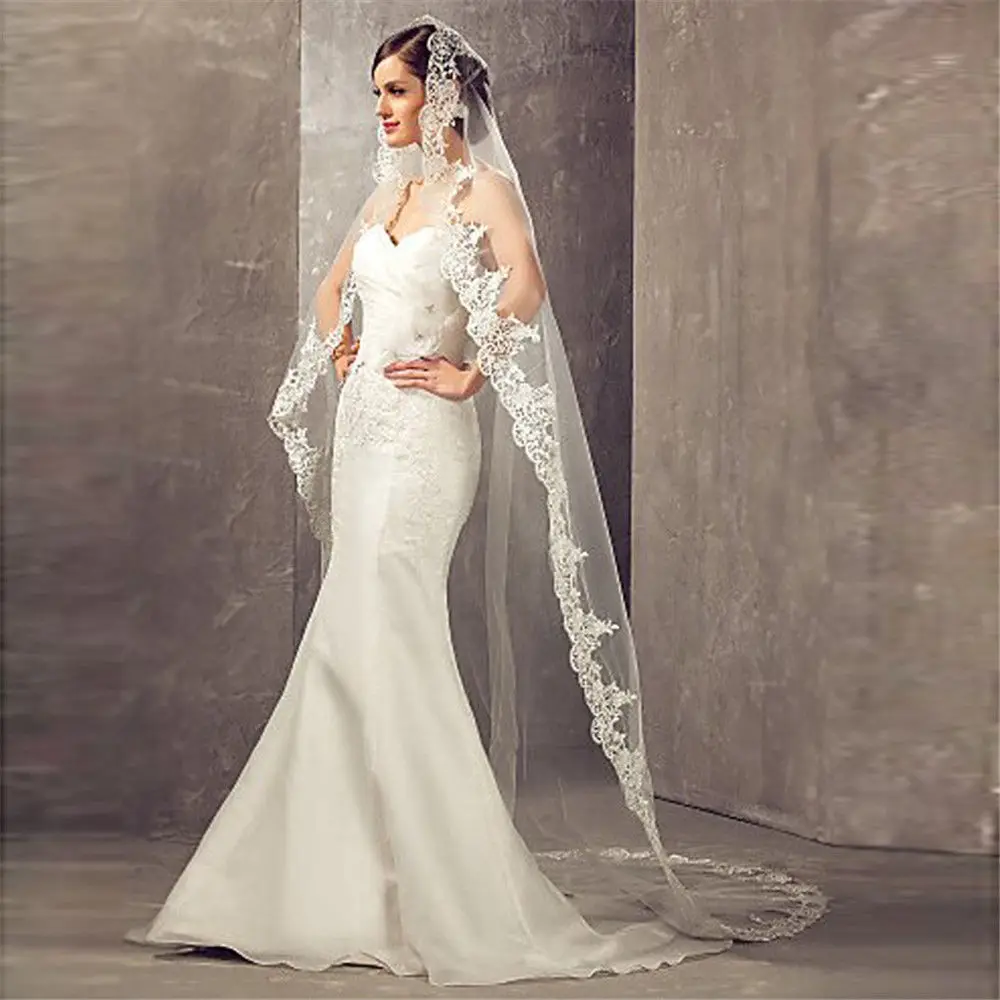 Long Luxury Wedding Veil Without Comb Lace Edge White Ivory Bridal Voile Marriage Cathedral Length Wedding Accessories New