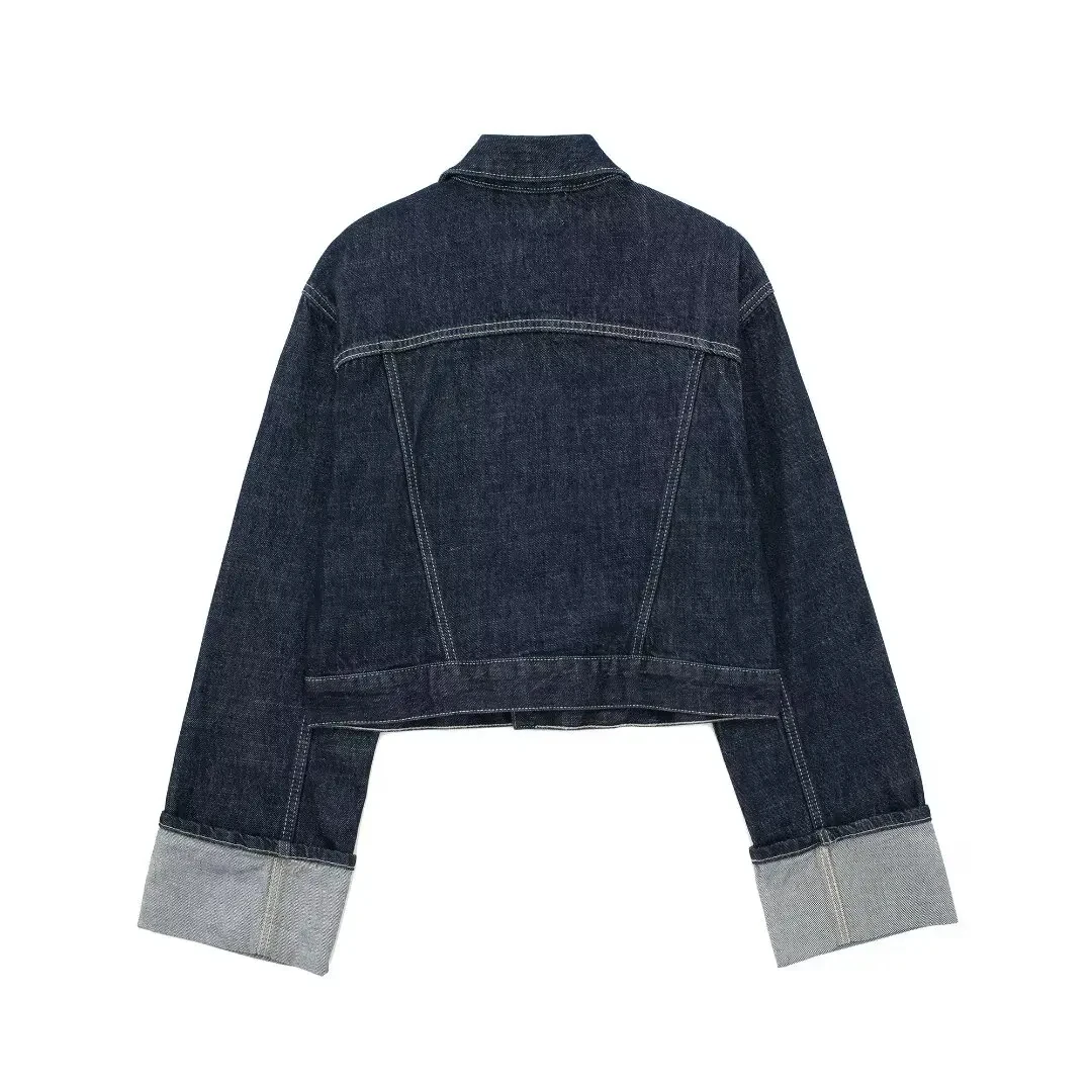 HH Women Fashion Denim Set Casual Lapel Long Sleeve Crop Jacket Buttons Female Vintage Wide Leg Loose Jeans Long Pants