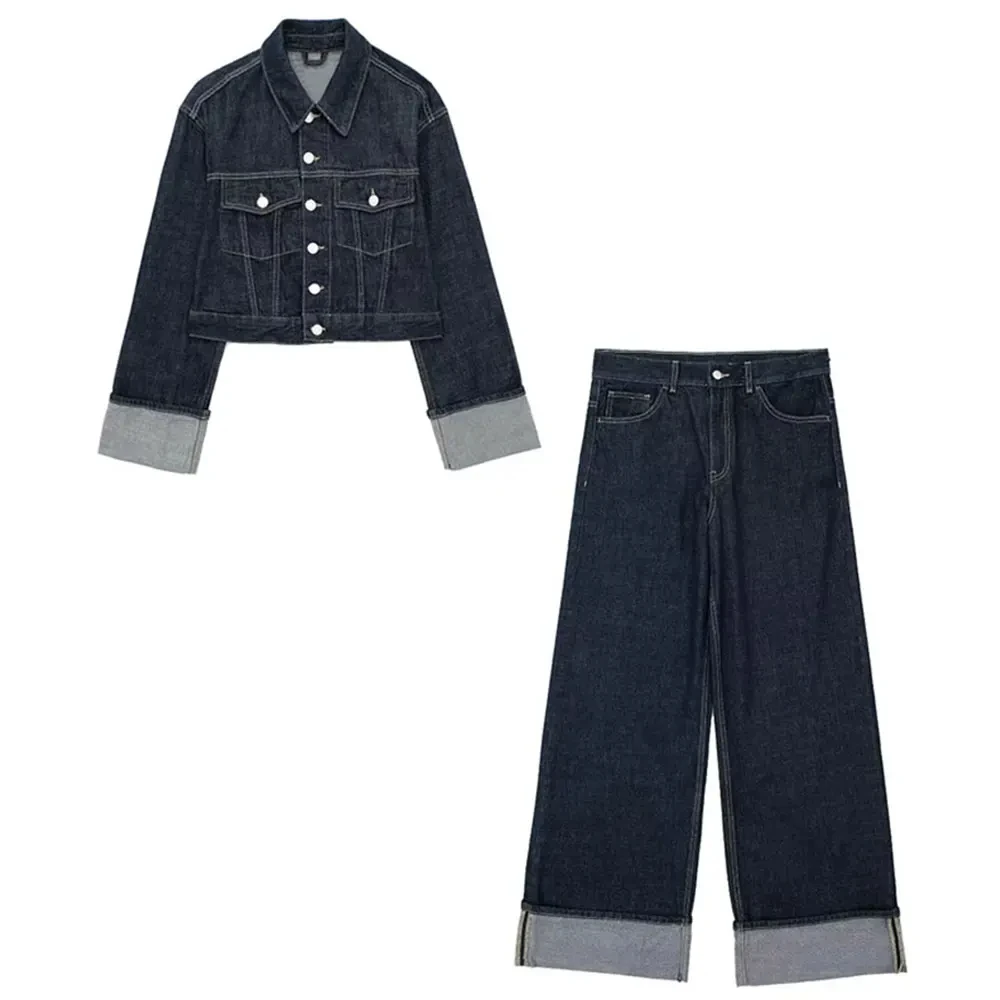 HH Women Fashion Denim Set Casual Lapel Long Sleeve Crop Jacket Buttons Female Vintage Wide Leg Loose Jeans Long Pants