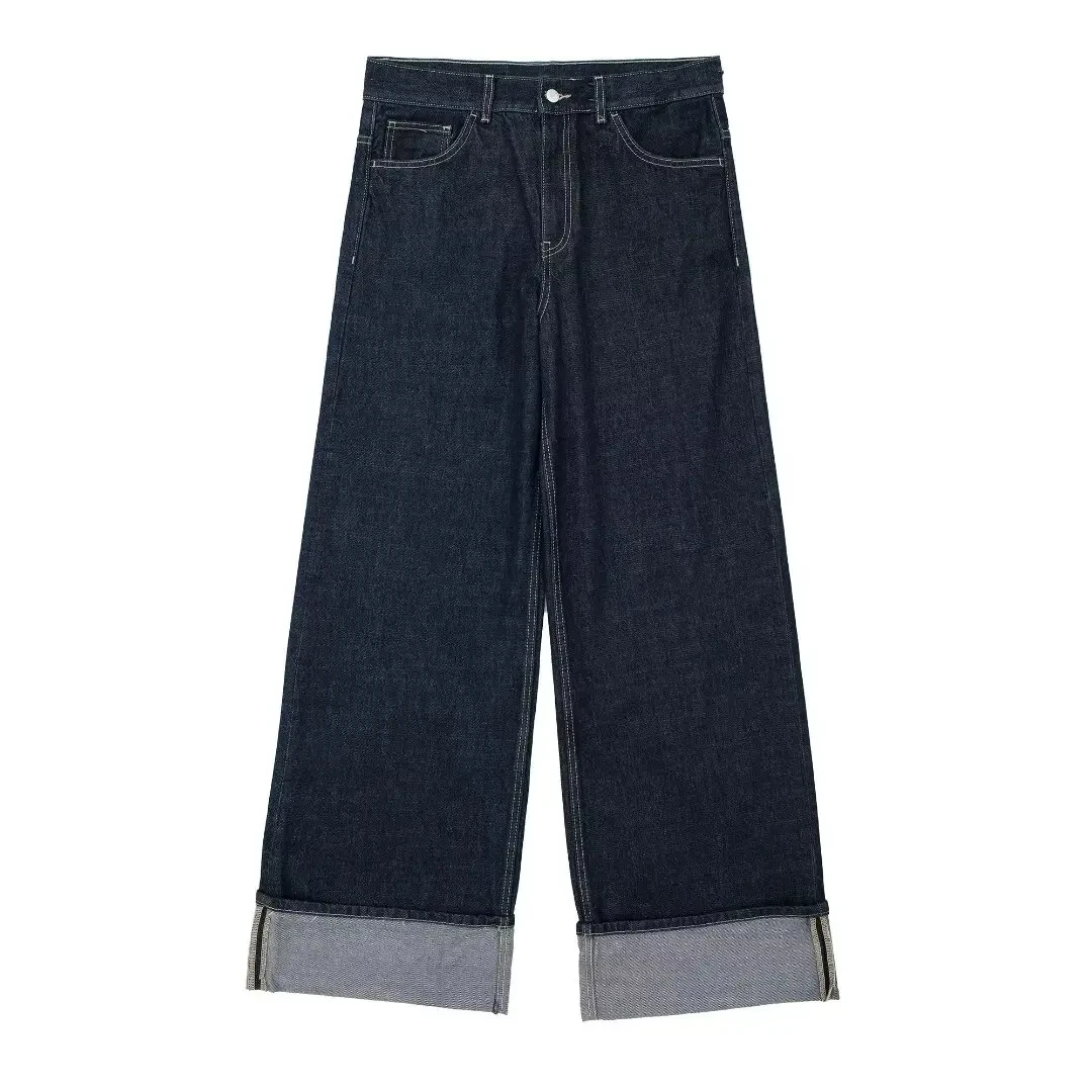 HH Women Fashion Denim Set Casual Lapel Long Sleeve Crop Jacket Buttons Female Vintage Wide Leg Loose Jeans Long Pants
