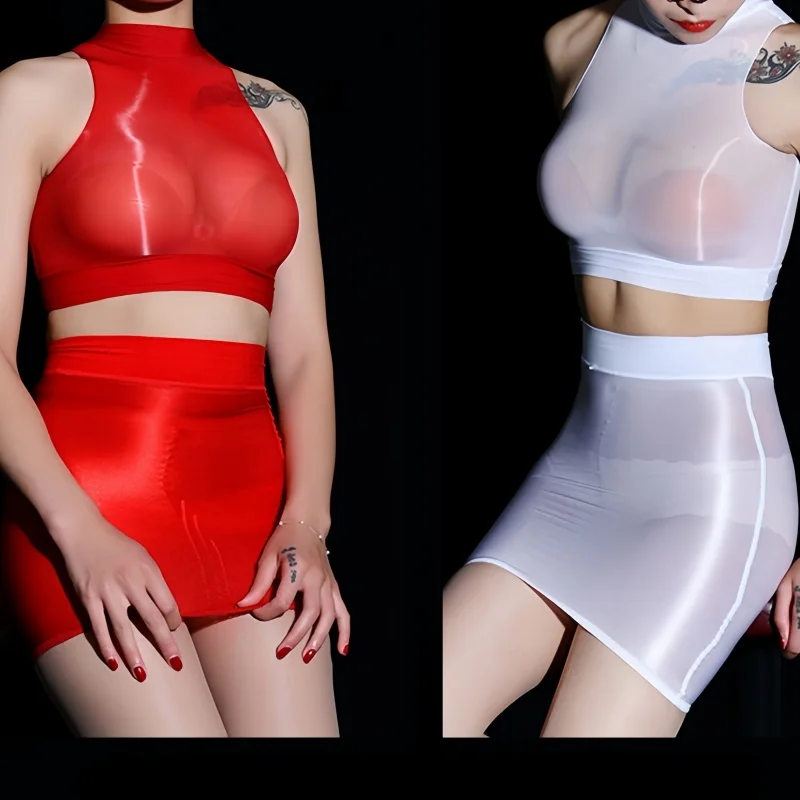 FREEAUCE Korean Oil Shiny Reflection See Through Skirt Plus Size Elastic Sexy Sheer Christmas red Short Mini Skirts for Women