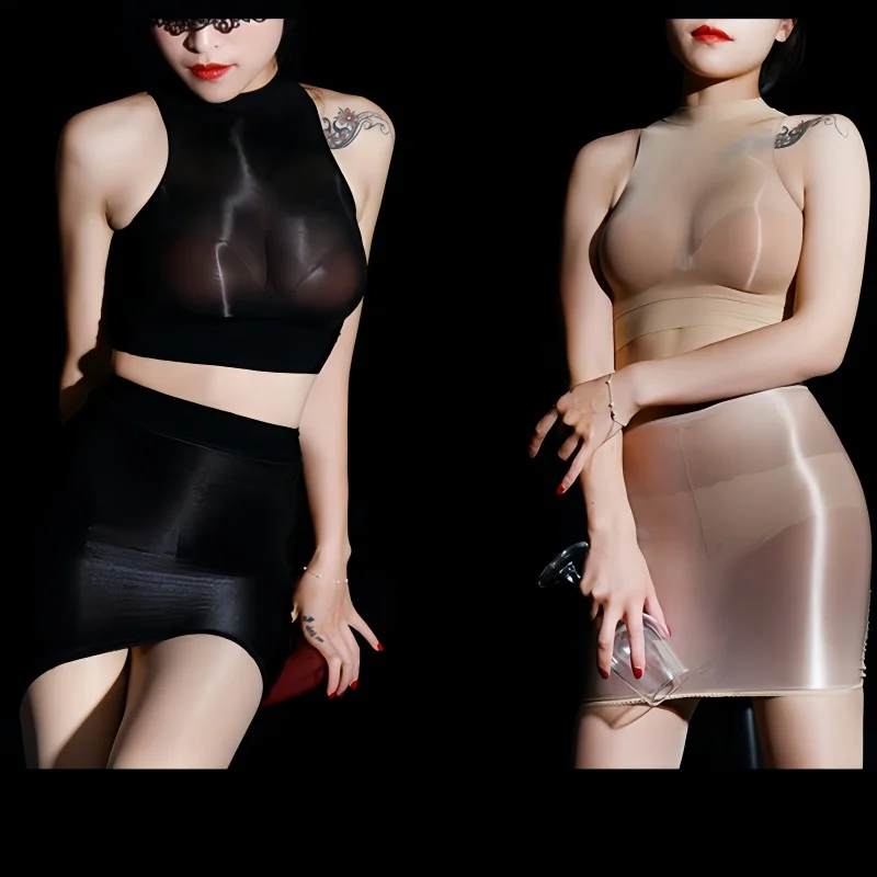 FREEAUCE Korean Oil Shiny Reflection See Through Skirt Plus Size Elastic Sexy Sheer Christmas red Short Mini Skirts for Women
