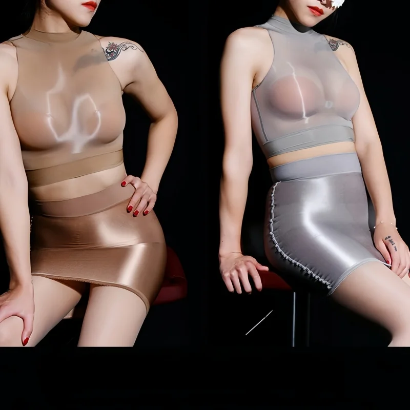 FREEAUCE Korean Oil Shiny Reflection See Through Skirt Plus Size Elastic Sexy Sheer Christmas red Short Mini Skirts for Women