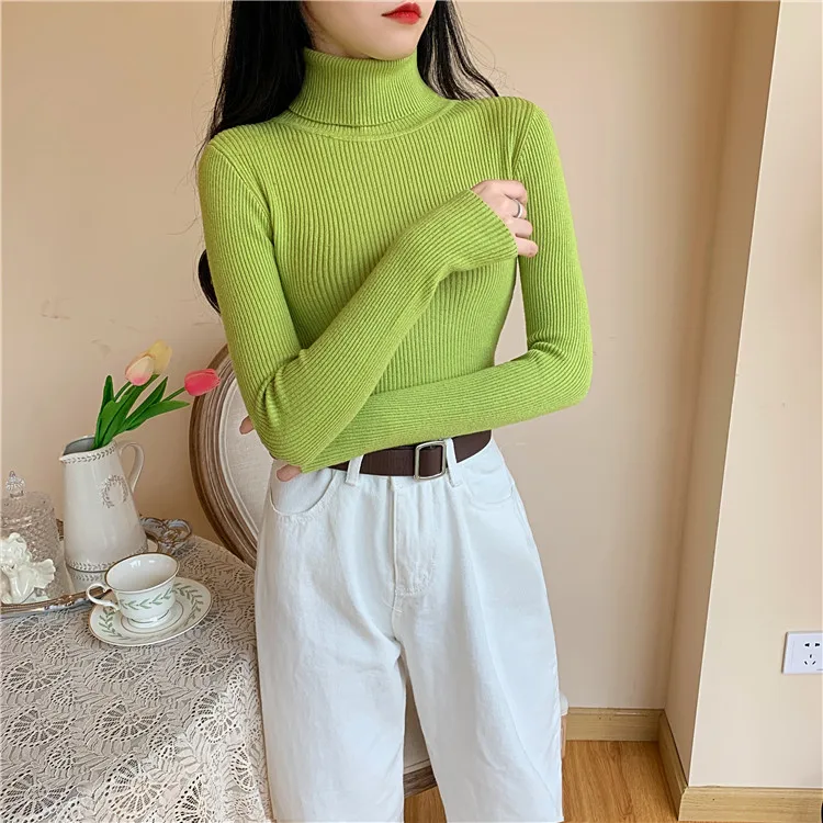 2026 Autumn Winter Women Long Sleeve Knitted Foldover Turtleneck Ribbed Pull Sweater Soft Warm Femme Jumper Pullover Clothes