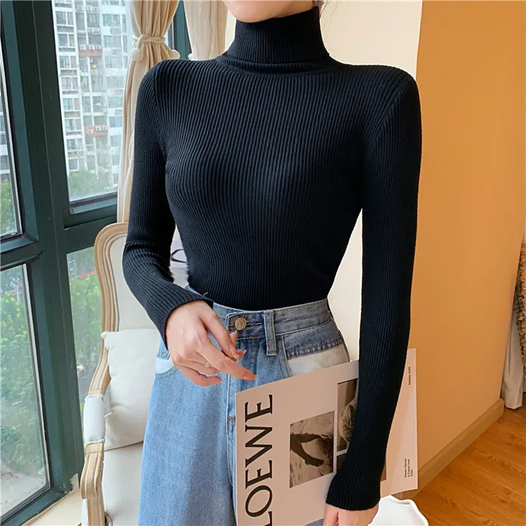 2026 Autumn Winter Women Long Sleeve Knitted Foldover Turtleneck Ribbed Pull Sweater Soft Warm Femme Jumper Pullover Clothes