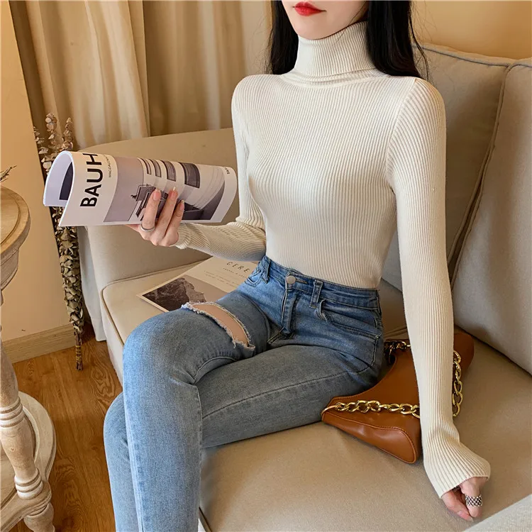 2026 Autumn Winter Women Long Sleeve Knitted Foldover Turtleneck Ribbed Pull Sweater Soft Warm Femme Jumper Pullover Clothes