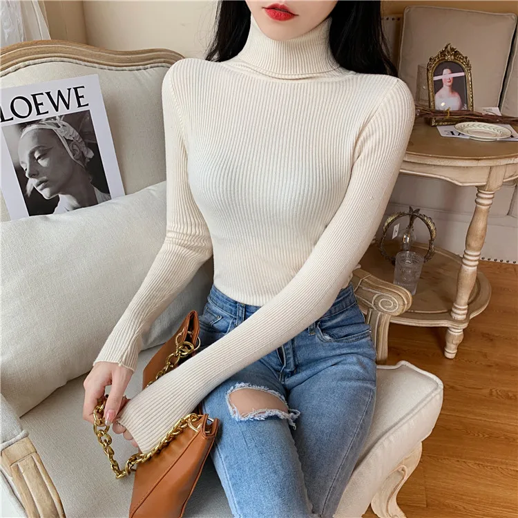 2026 Autumn Winter Women Long Sleeve Knitted Foldover Turtleneck Ribbed Pull Sweater Soft Warm Femme Jumper Pullover Clothes