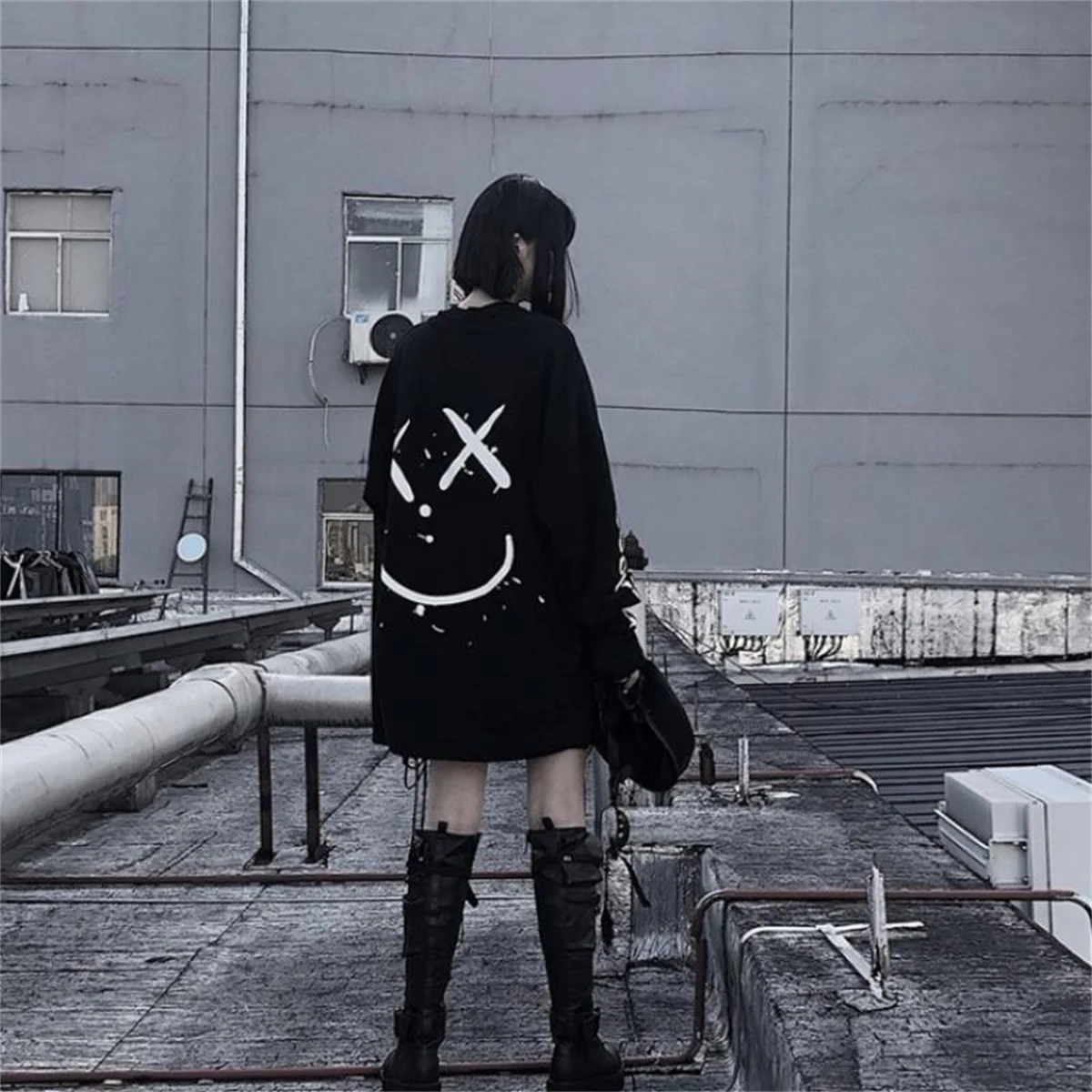 Cool Women Korean Fashion Oversized Long Sleeve T Shirt Hip Hop Punk Streetwear Girls Tees Black Loose Long Sleeve T Shirt Males
