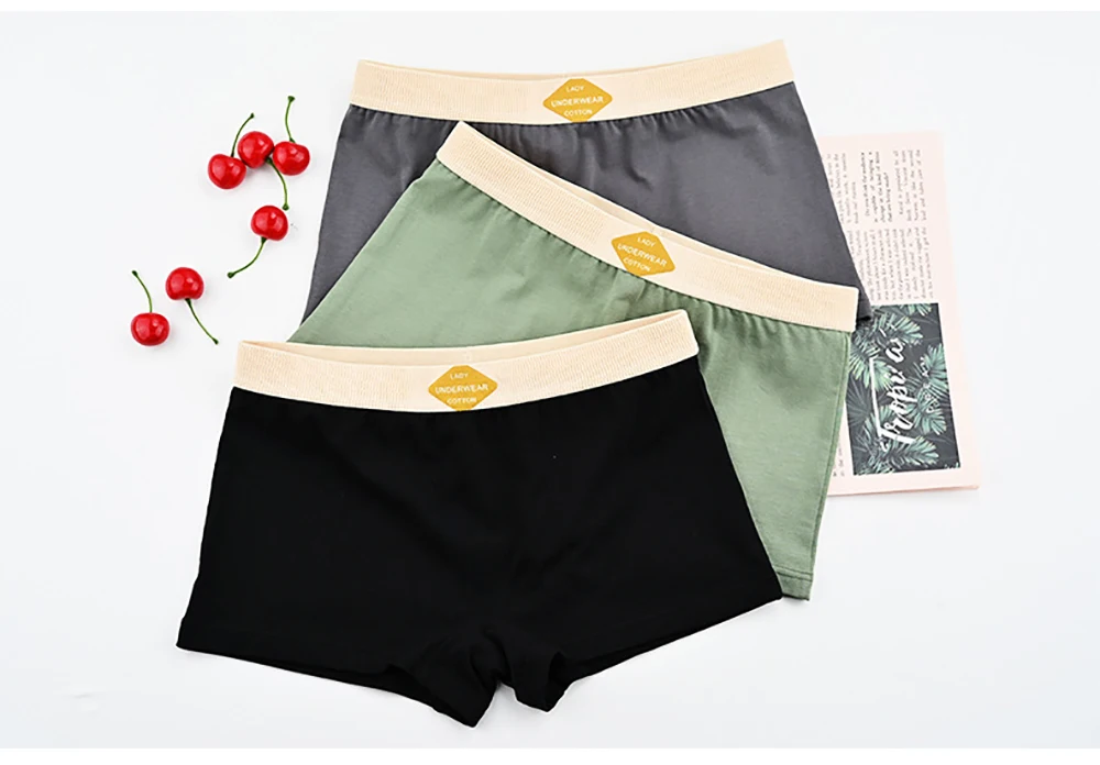 3PCS/Pack 100% Cotton Multicolor Solid Women's Boxer Knit Breathable Panties Underwear Soft High Elastic Mid-rise Thin Boyshorts
