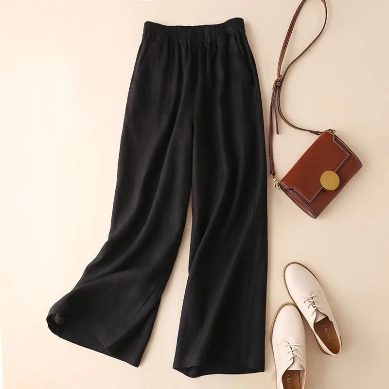 Women Cotton Linen Wide Leg Pants Female Summer Pants Full Length Casual Pants Fashion Solid Loose High Waist Straight Trousers