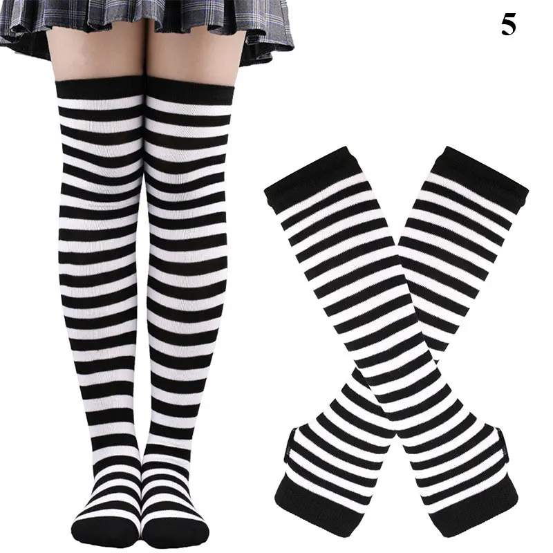 Black White Striped Warm Knee Socks Arm Sleeve Fashion Women Sexy Slim Thigh High Cotton Socks Arm Sleeve Gloves Cosplay Socks