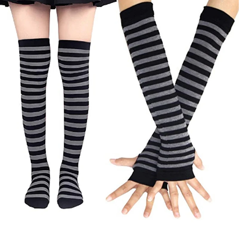 Black White Striped Warm Knee Socks Arm Sleeve Fashion Women Sexy Slim Thigh High Cotton Socks Arm Sleeve Gloves Cosplay Socks