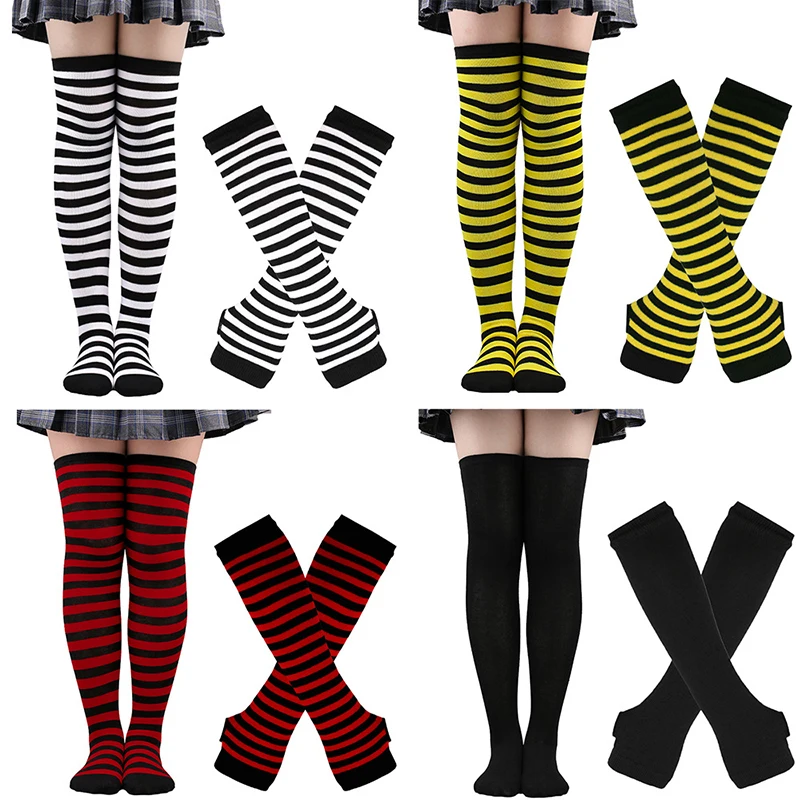 Black White Striped Warm Knee Socks Arm Sleeve Fashion Women Sexy Slim Thigh High Cotton Socks Arm Sleeve Gloves Cosplay Socks