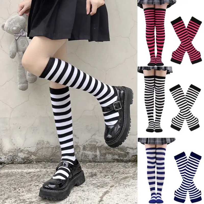 Black White Striped Warm Knee Socks Arm Sleeve Fashion Women Sexy Slim Thigh High Cotton Socks Arm Sleeve Gloves Cosplay Socks