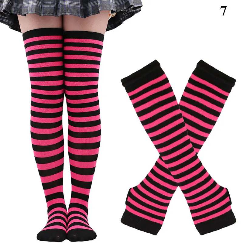 Black White Striped Warm Knee Socks Arm Sleeve Fashion Women Sexy Slim Thigh High Cotton Socks Arm Sleeve Gloves Cosplay Socks