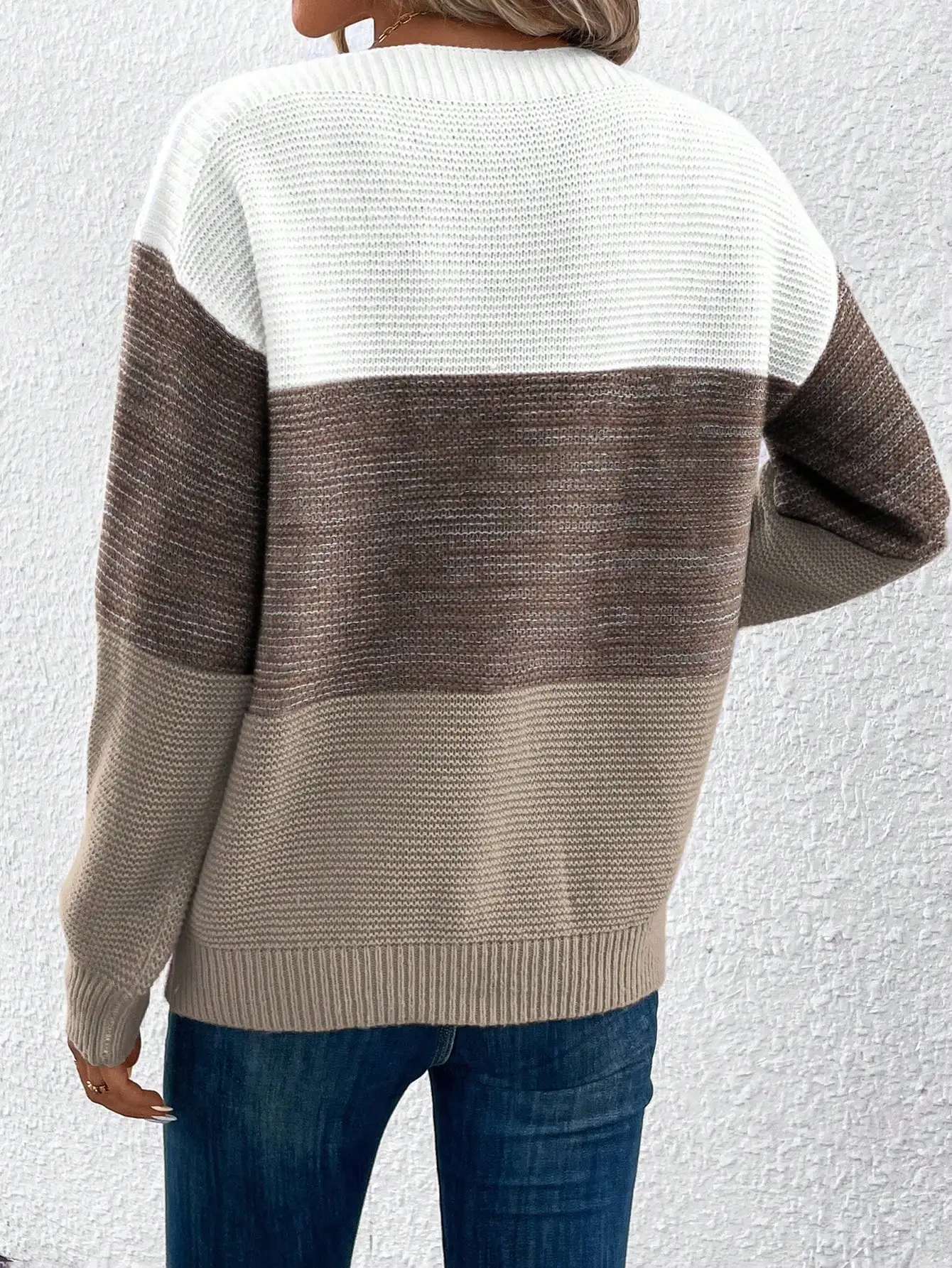 Elegant Three-color Patchwork Sweater Women Daily Commuter Casual Loose Jumpers Female Autumn Winter Knitted Thickened Warm Tops