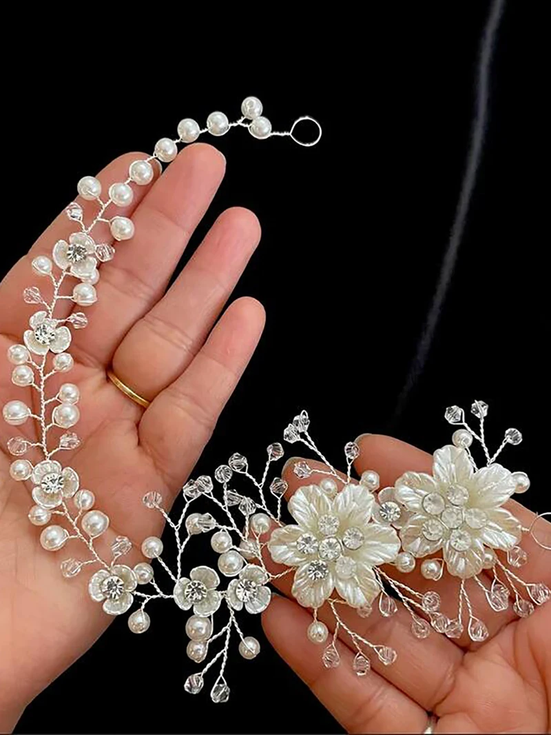 Imitation Pearl White Flower Hair Band Handmade Rhinestone Headband Women Bridal Headwear Wedding Party Hair Accessories
